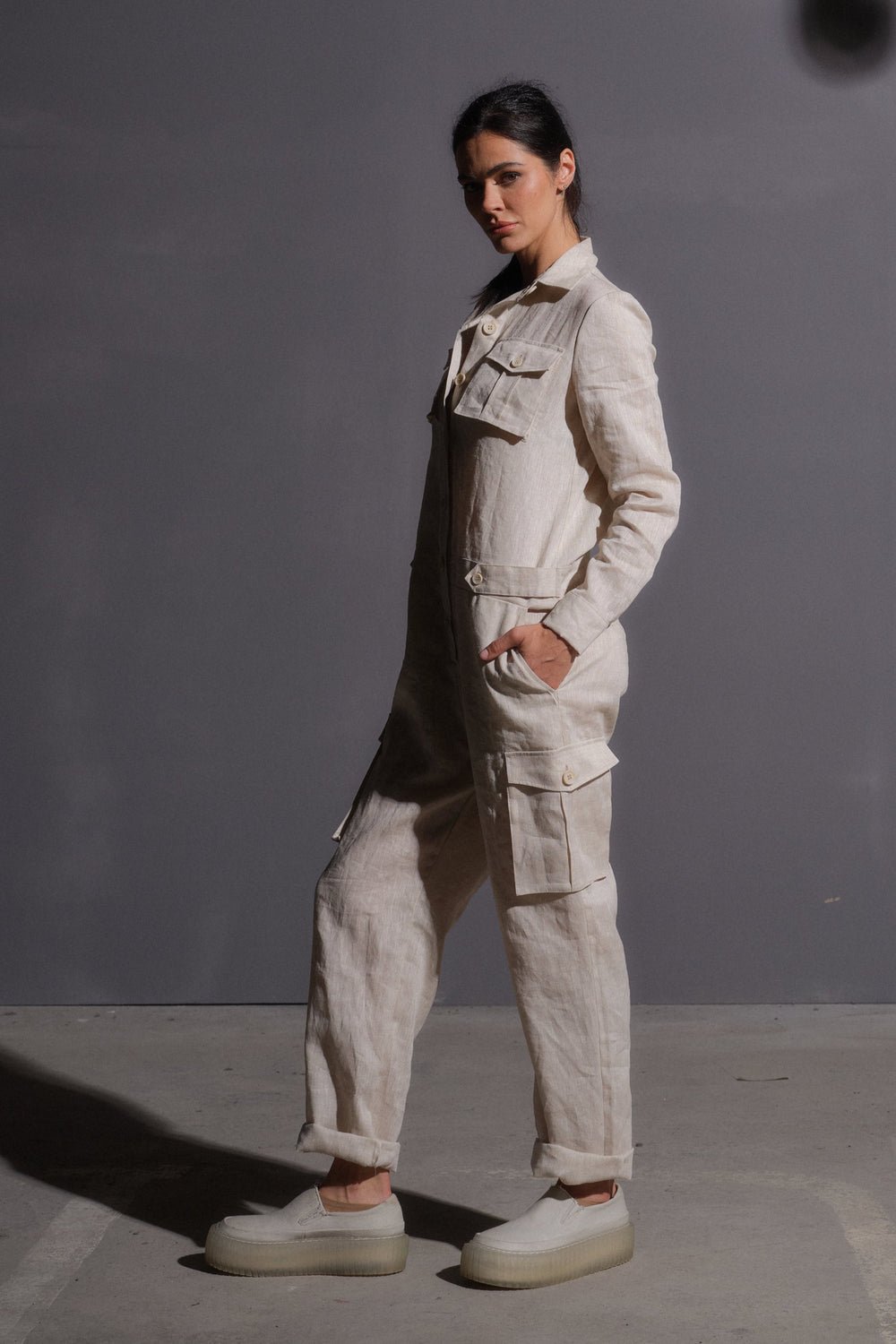 Women's linen jumpsuit in light beige