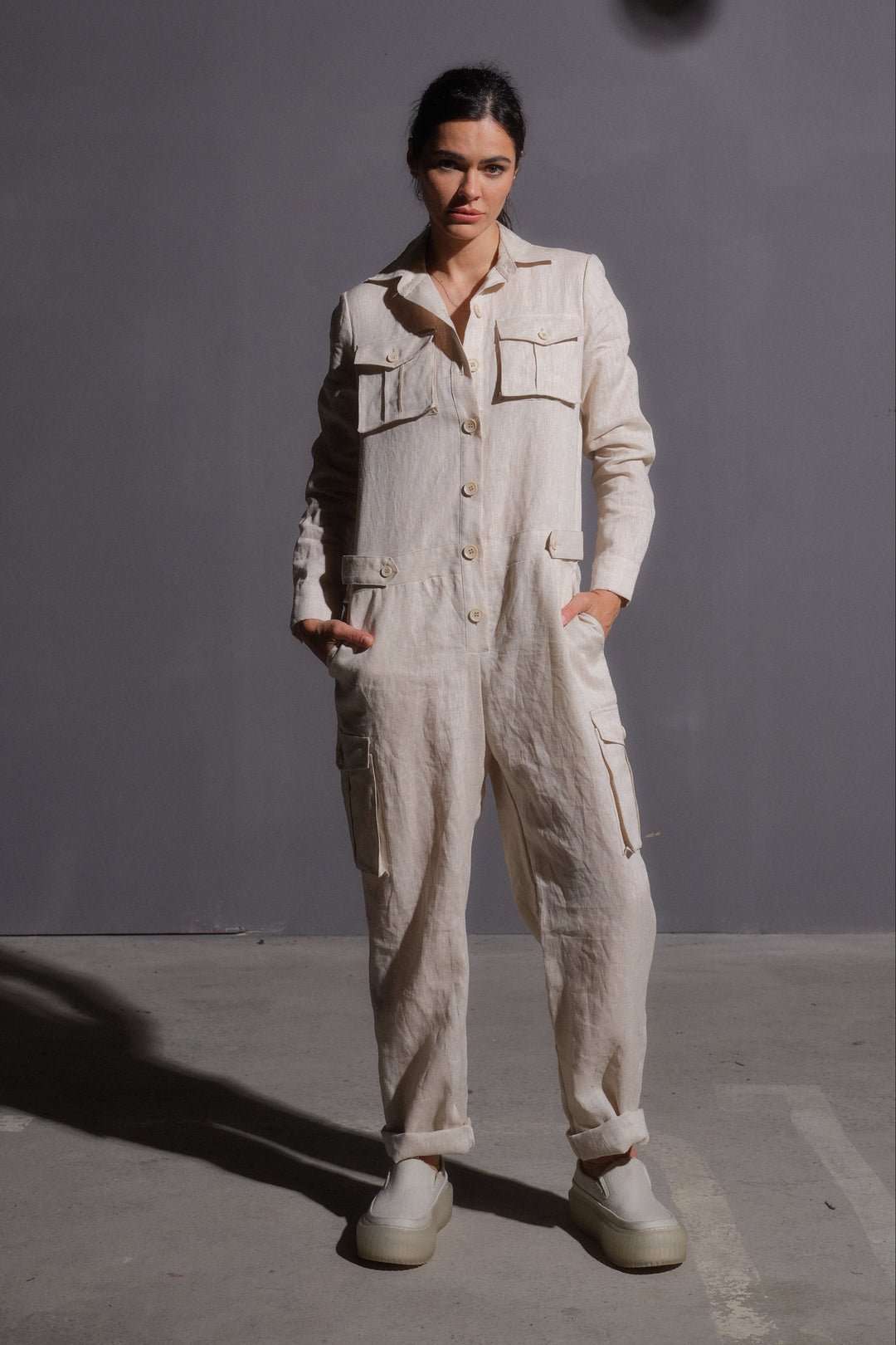 Women's linen jumpsuit in light beige