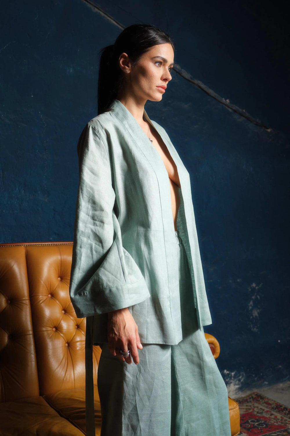 Two-piece ensemble: Japanese-inspired linen kimono robe and palazzo pants