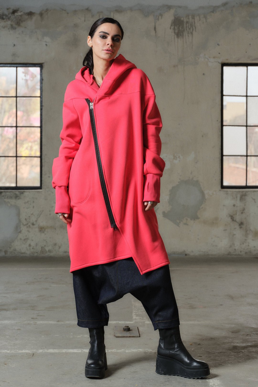Asymmetrical hooded cotton sweatshirt in watermelon