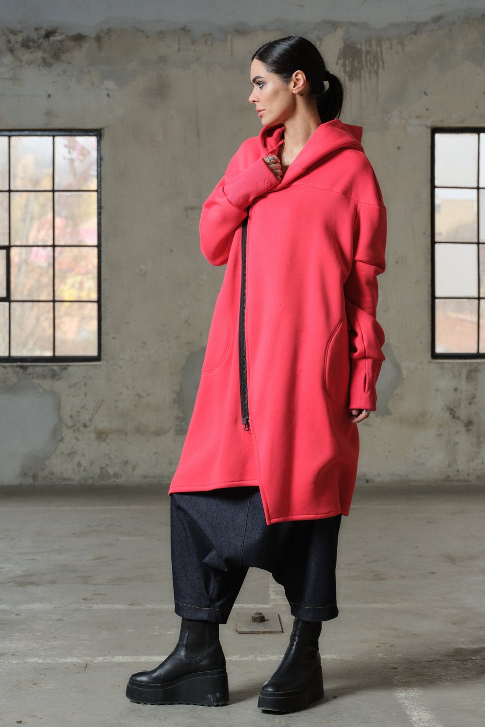 Asymmetrical hooded cotton sweatshirt in watermelon