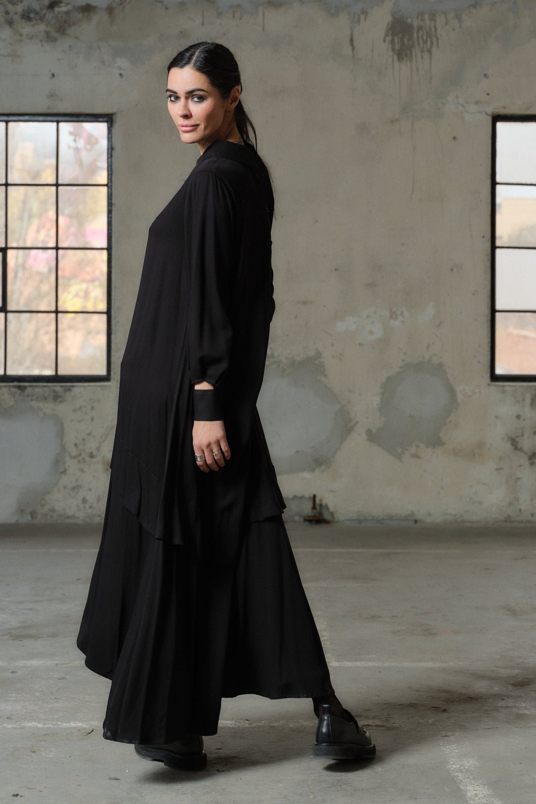 Elegant long black viscose dress
