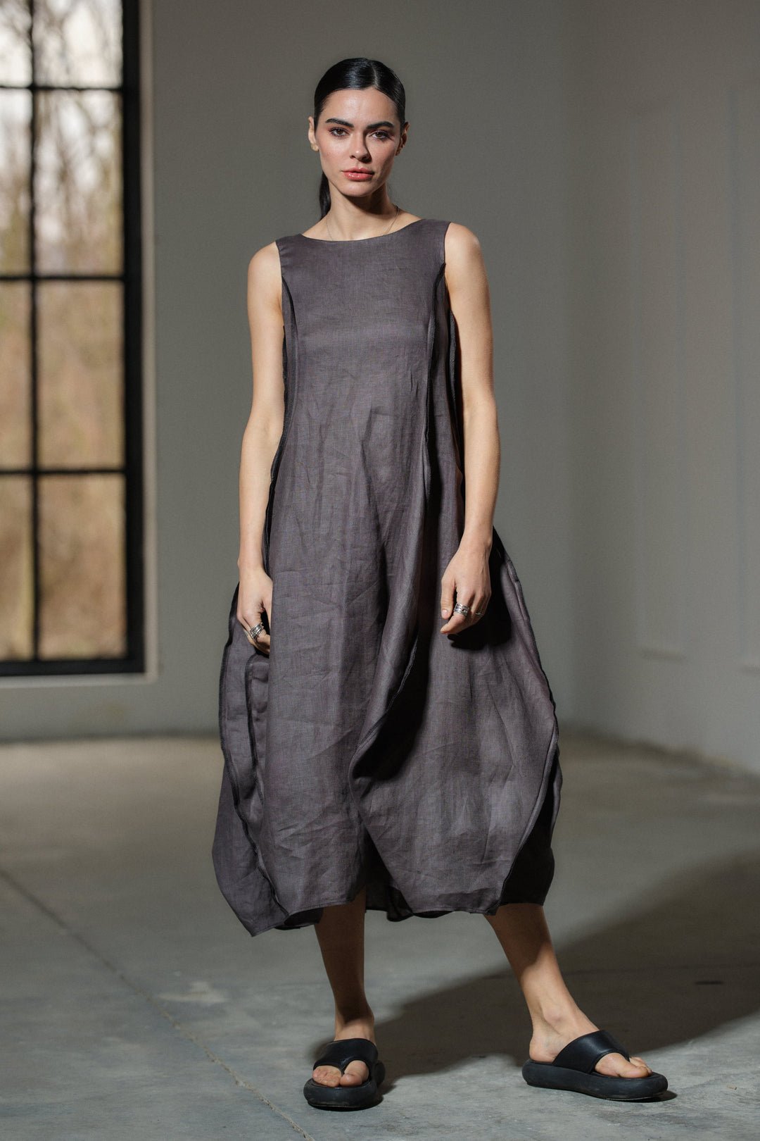 Avant garde dark grey linen balloon dress