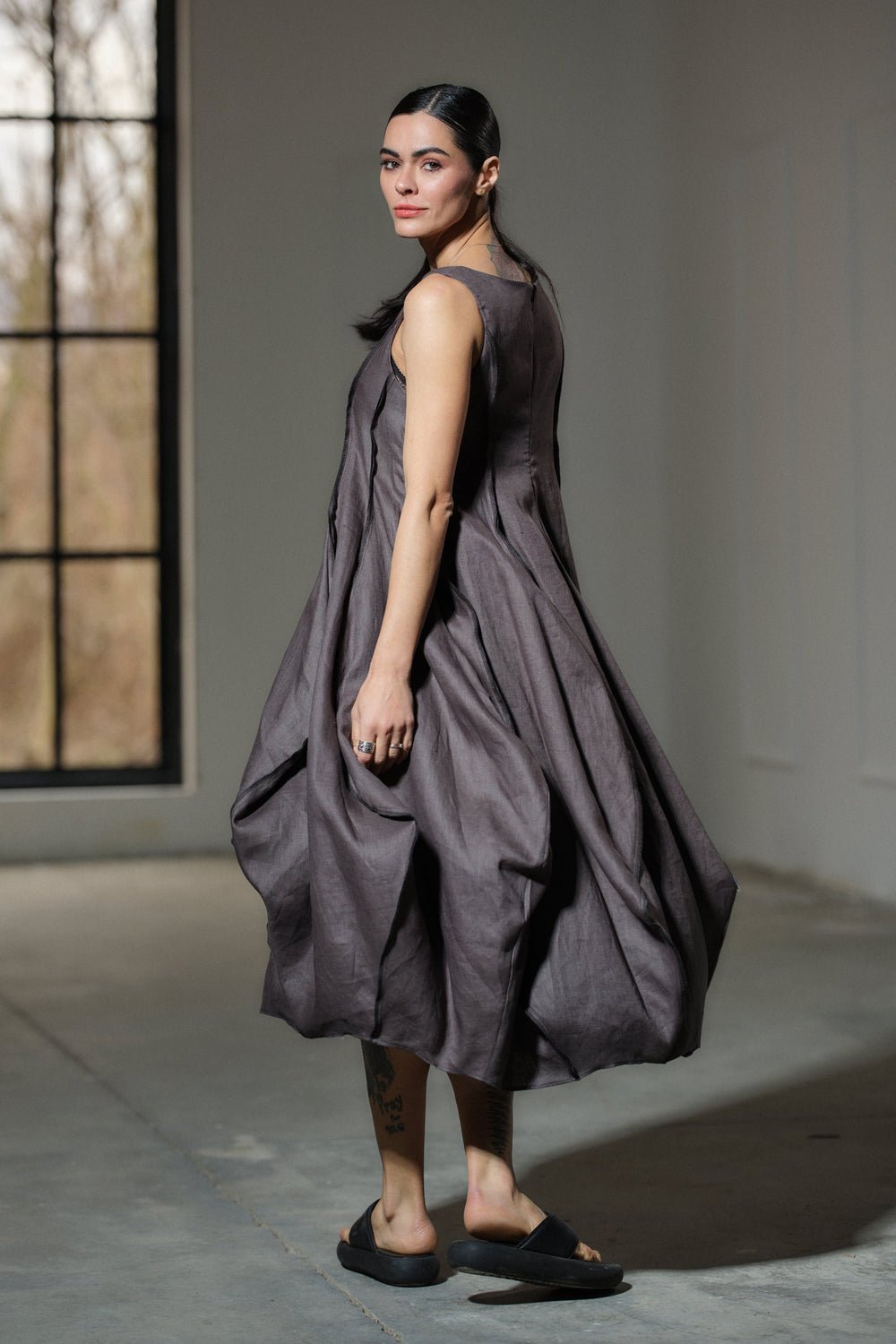 Avant garde dark grey linen balloon dress