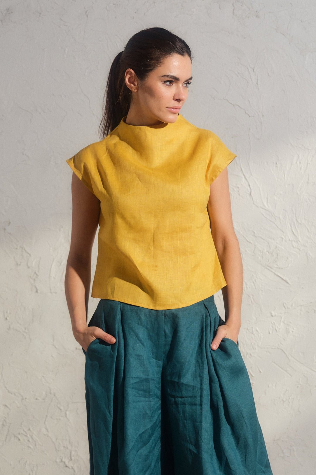 Avant garde linen blouse in mustard