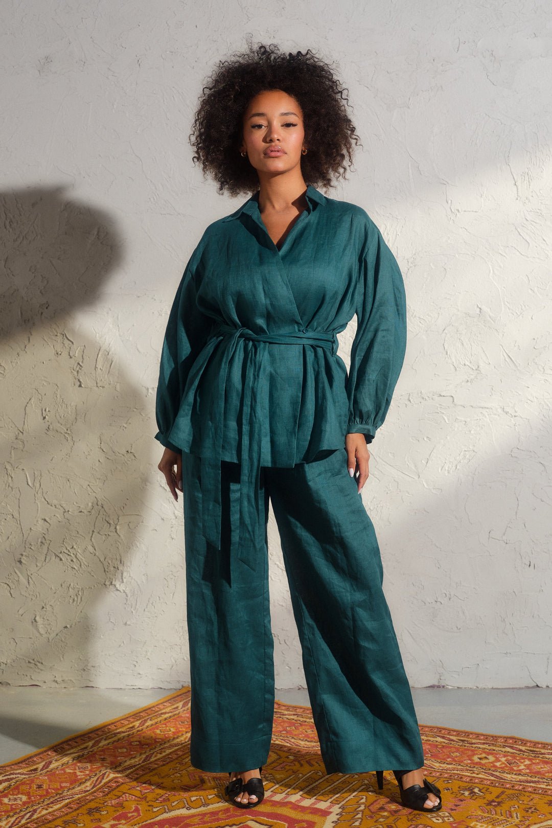 A set of two - linen wrap blouse and wide leg trousers
