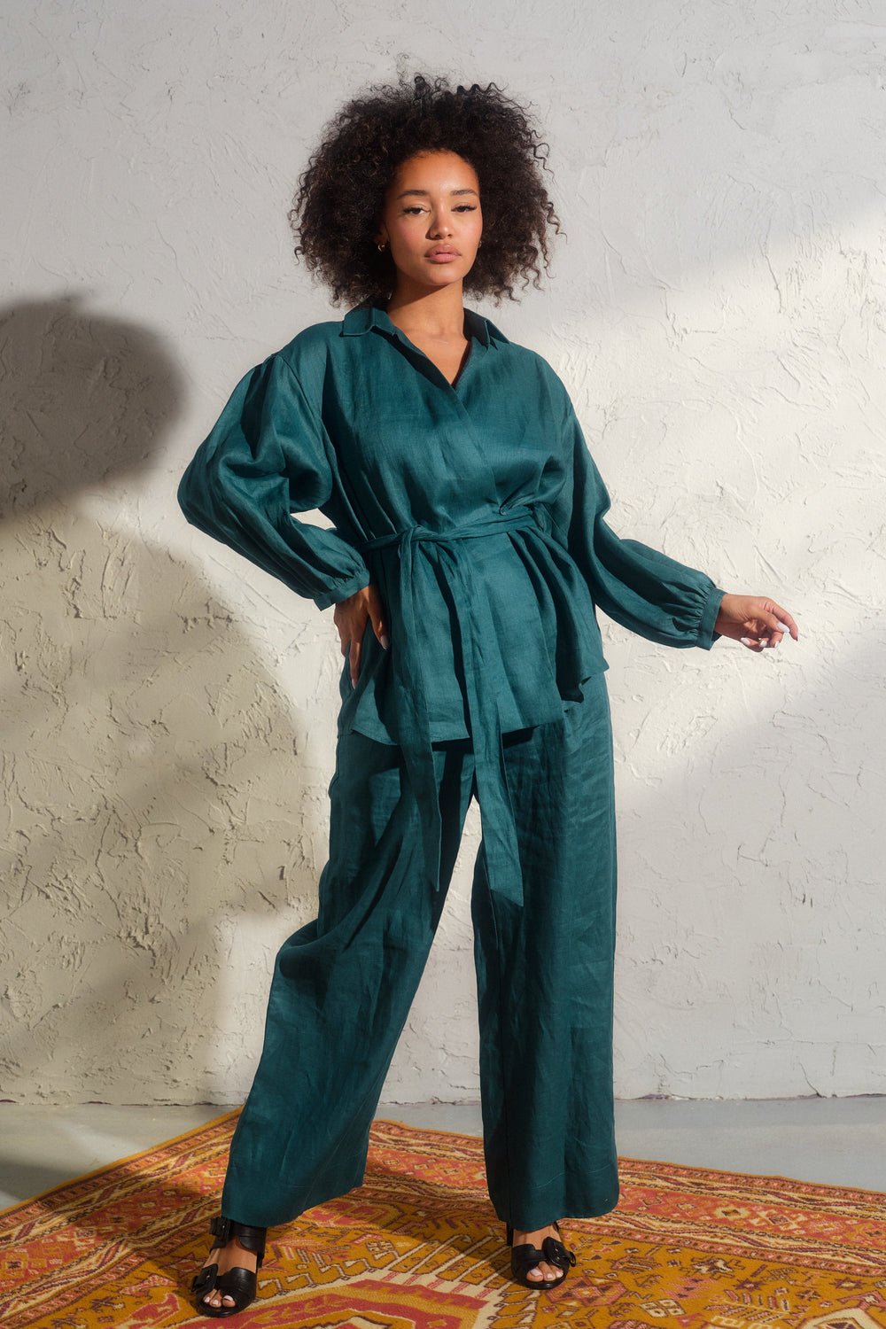 A set of two - linen wrap blouse and wide leg trousers