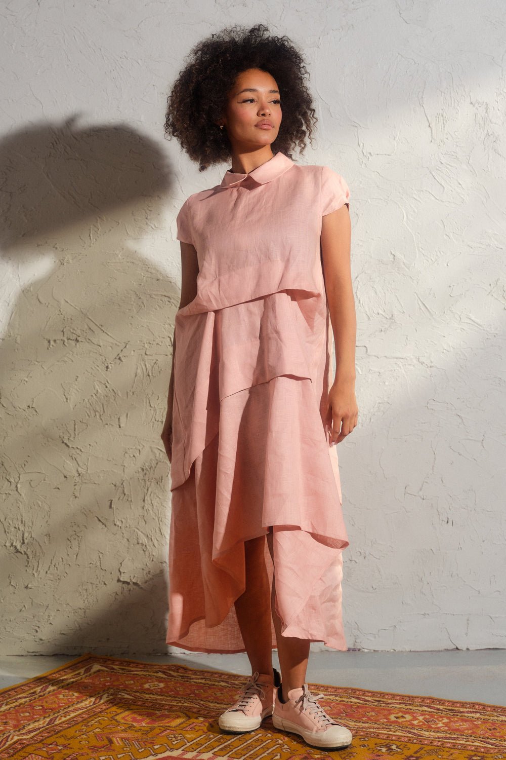 Asymmetrical summer linen dress in ash rose color