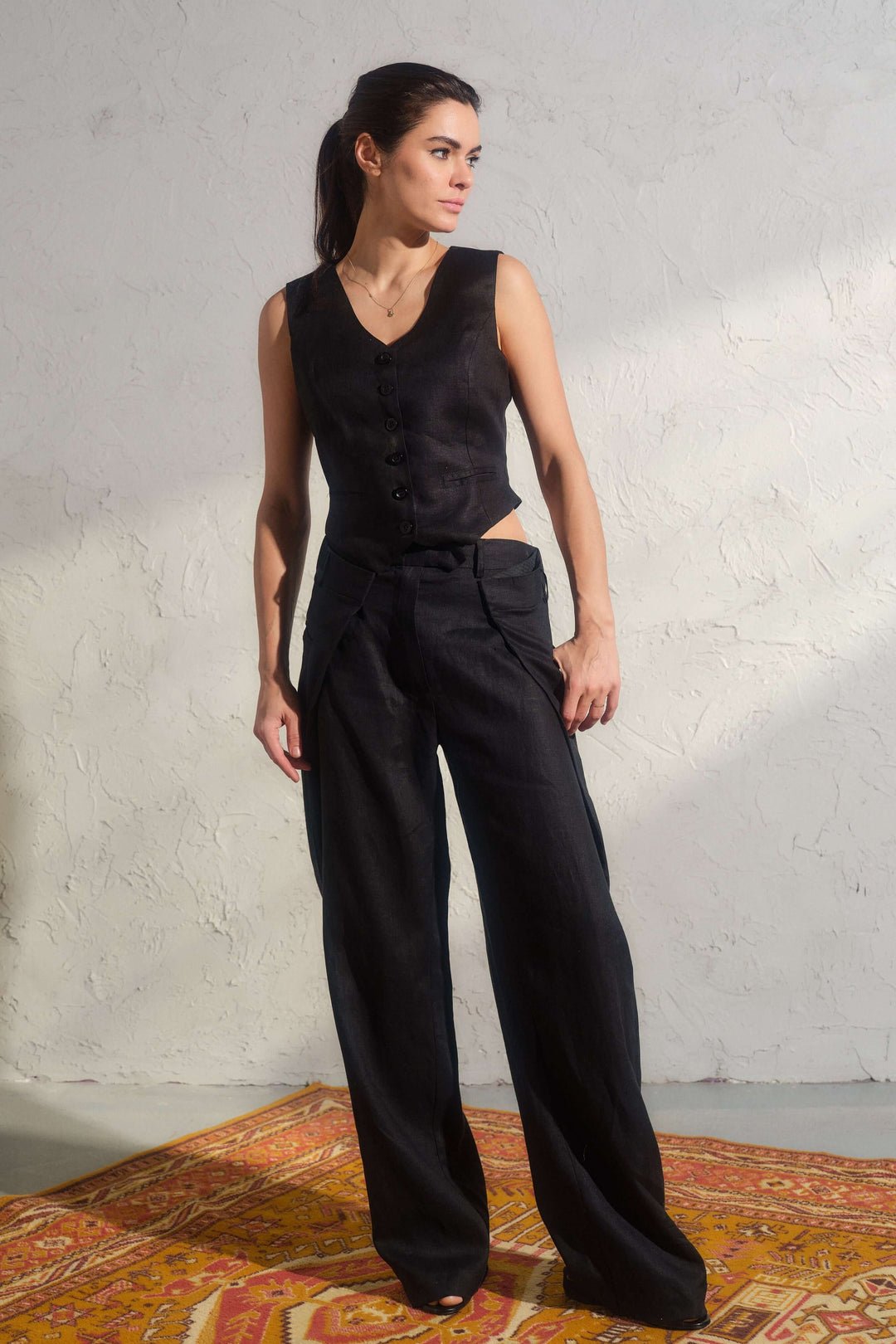 Black linen button down vest