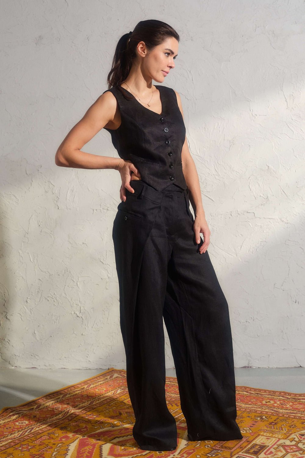 Black linen button down vest