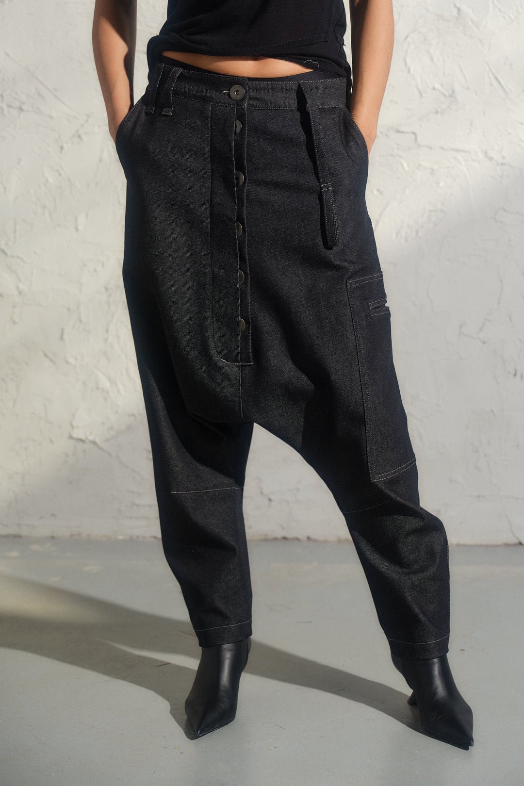 Avant garde denim harem pants with asymmetrical details