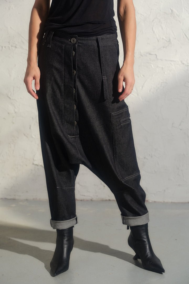 Avant garde denim harem pants with asymmetrical details