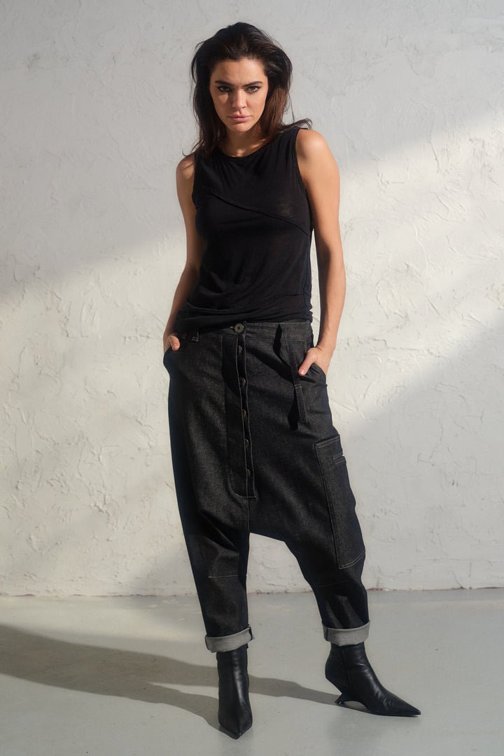 Avant garde denim harem pants with asymmetrical details