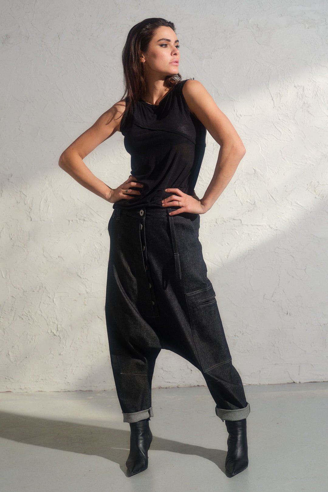 Avant garde denim harem pants with asymmetrical details