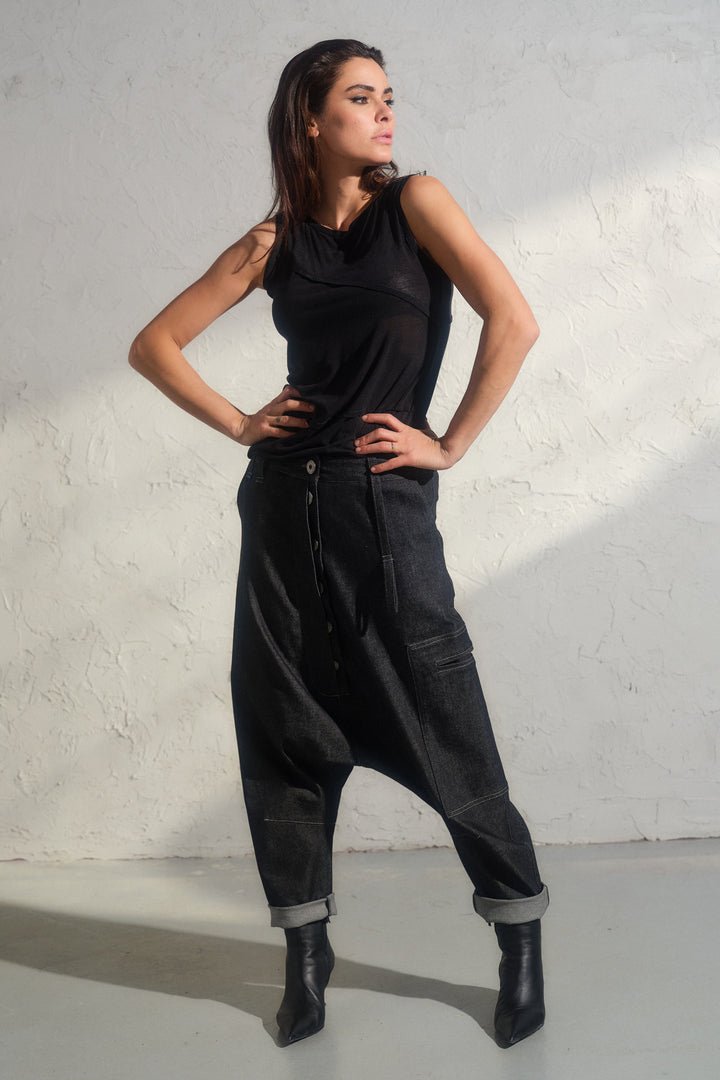 Avant garde denim harem pants with asymmetrical details