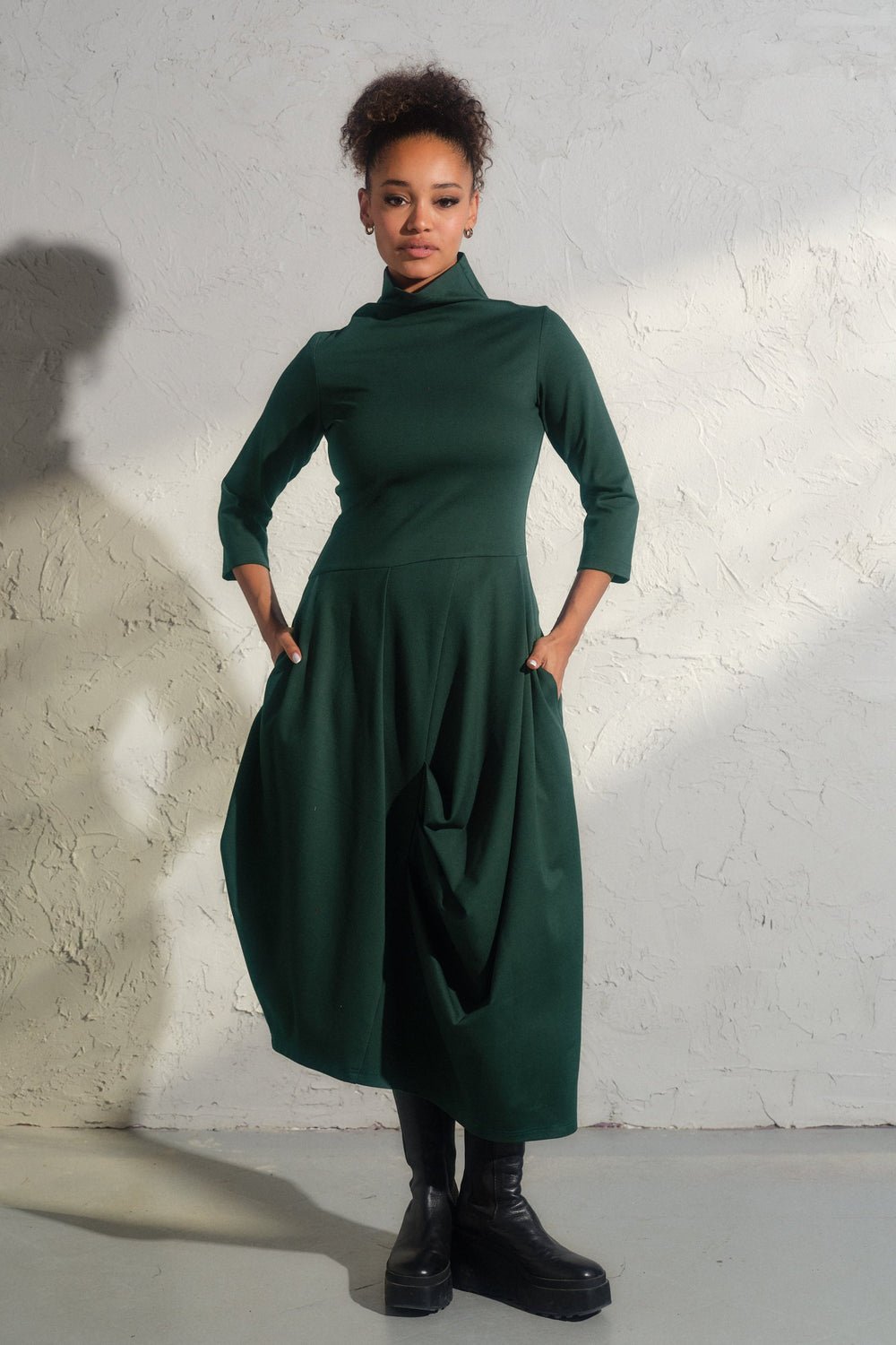 Emerald green asymmetrical long winter avant garde dress