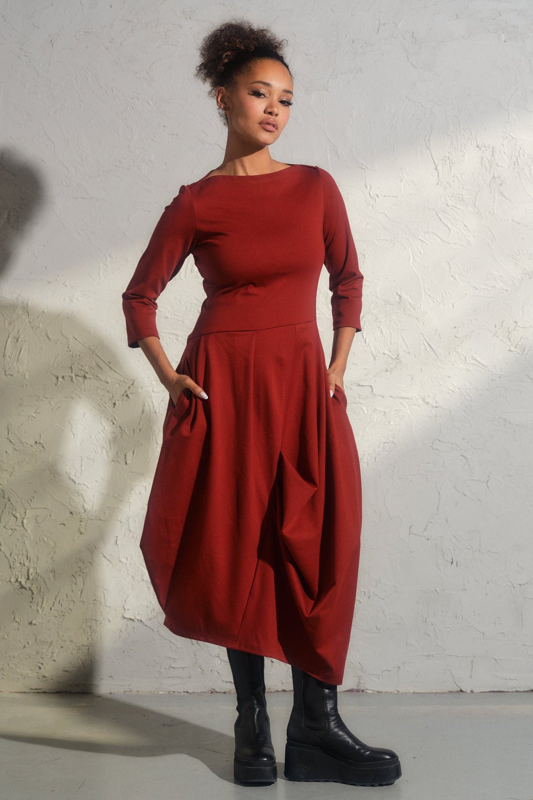 Long winter asymmetrical avant garde dress in brick red