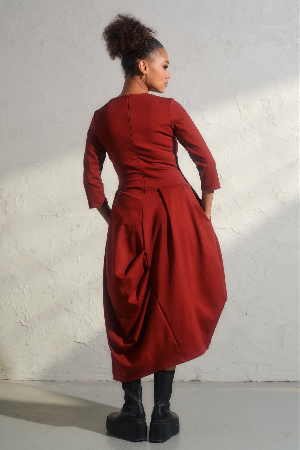 Long winter asymmetrical avant garde dress in brick red