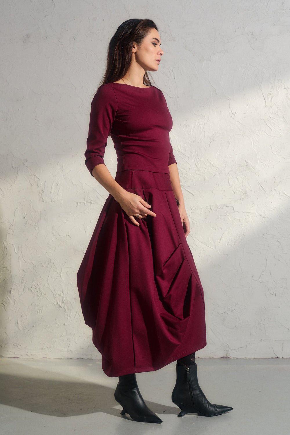 Asymmetrical viscose midi skirt in Burgundy color