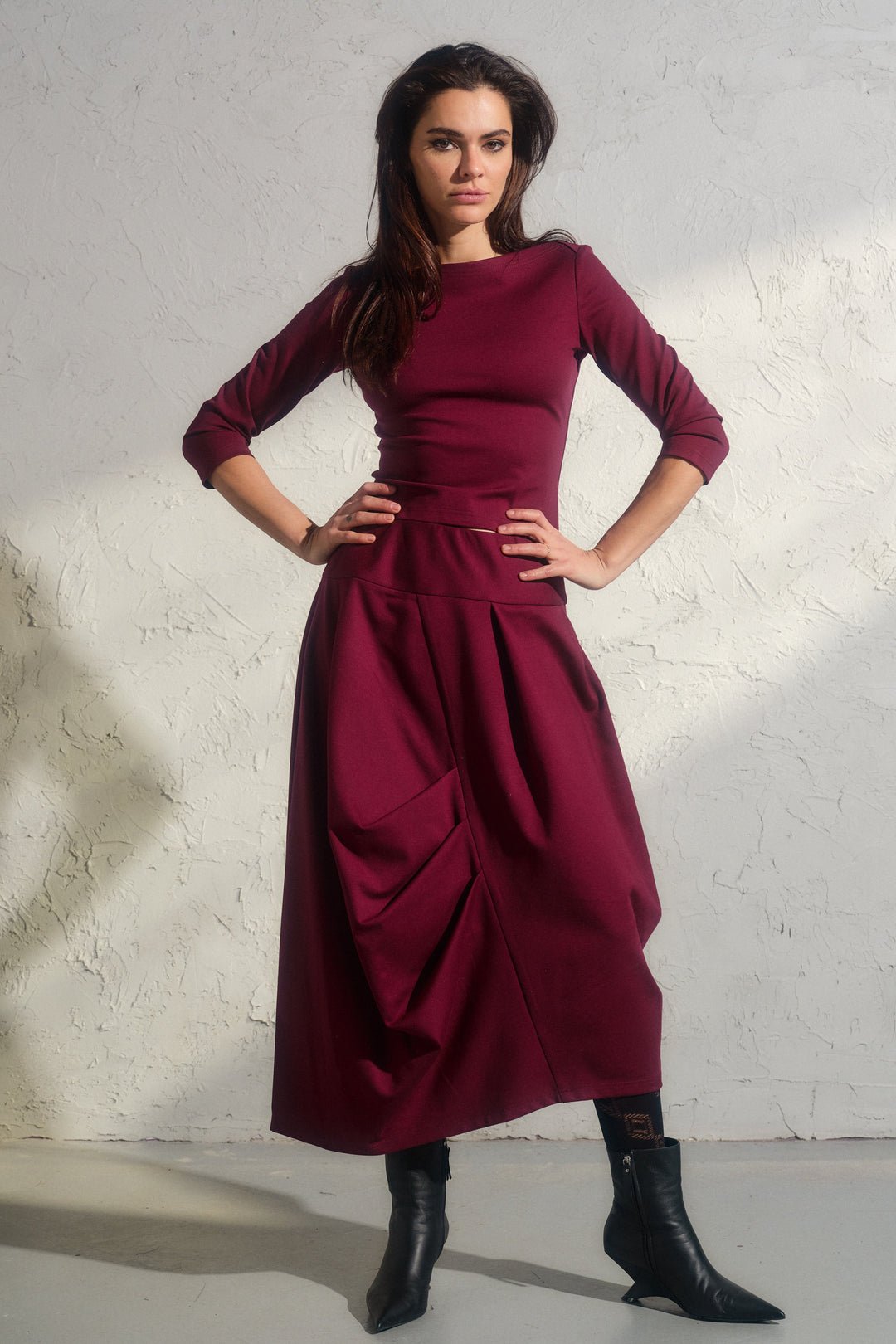 Asymmetrical viscose midi skirt in Burgundy color