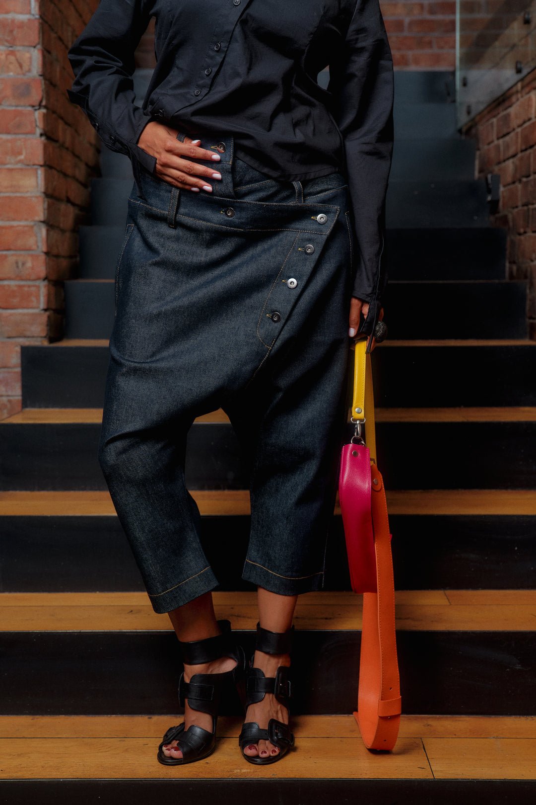 Double belt denim baggy pants