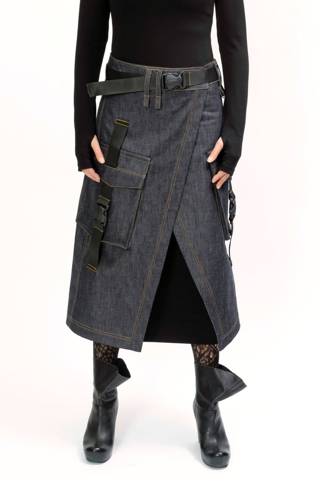 Long Denim Low Waist Cargo Skirt