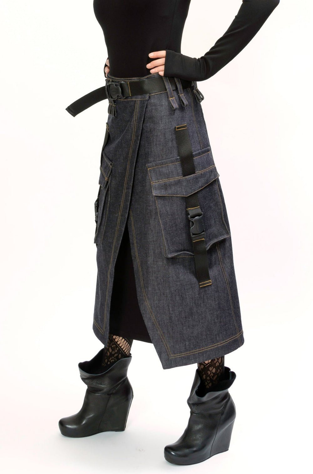 Long Denim Low Waist Cargo Skirt