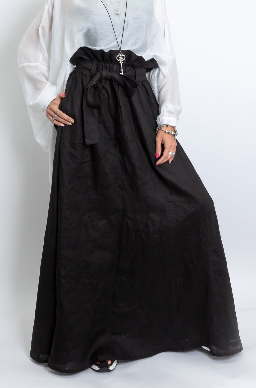 Black Linen Maxi Skirt with Belt