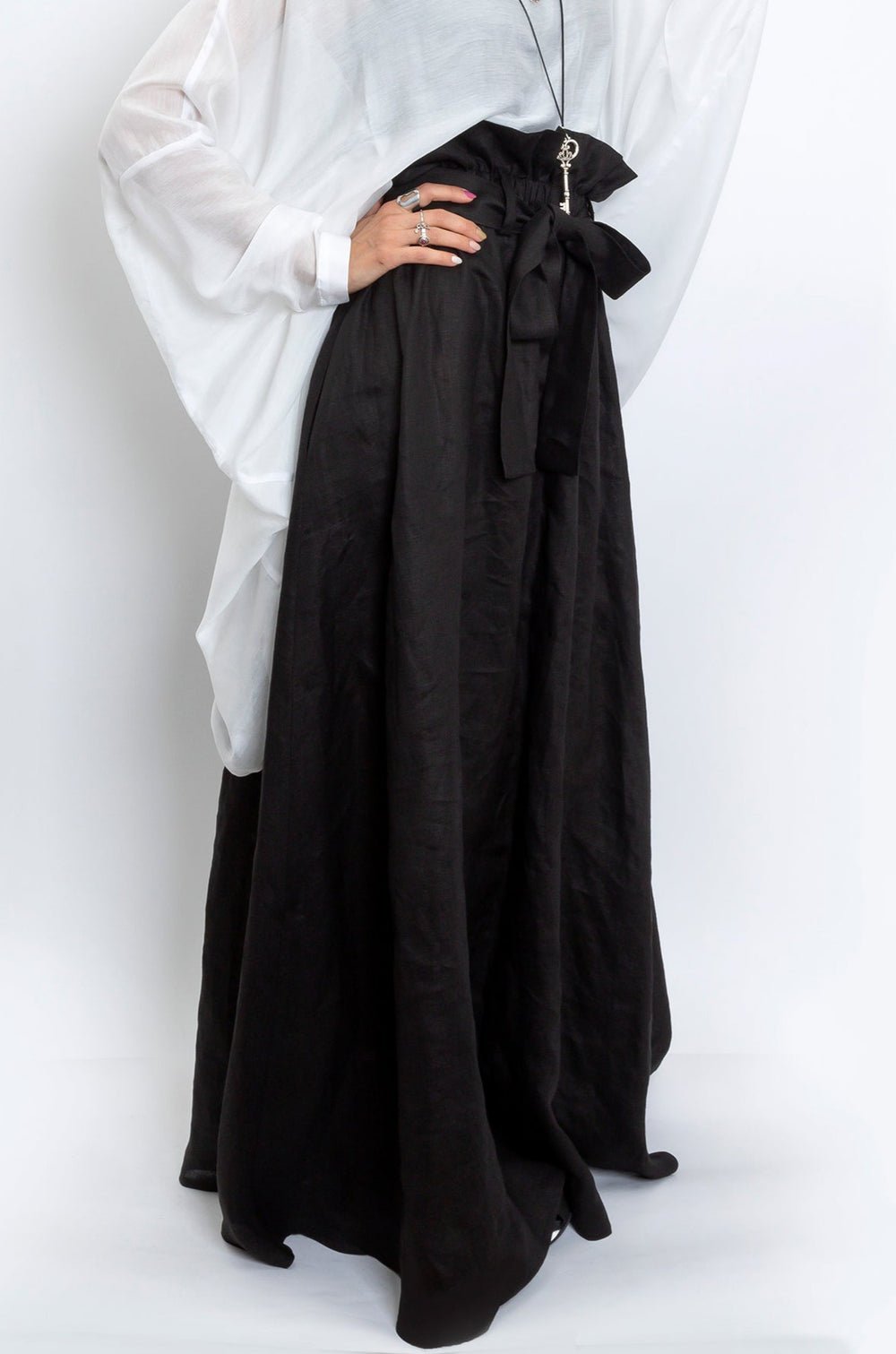 Black Linen Maxi Skirt with Belt