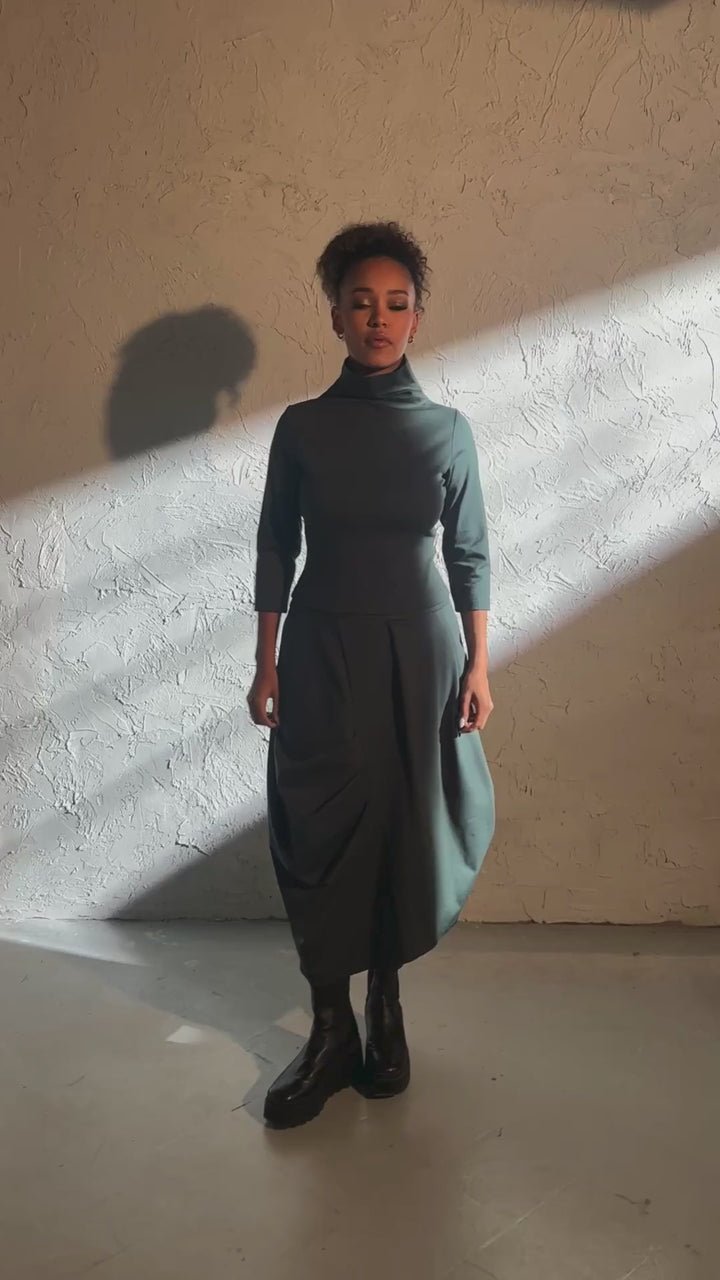 Emerald green asymmetrical viscose midi skirt
